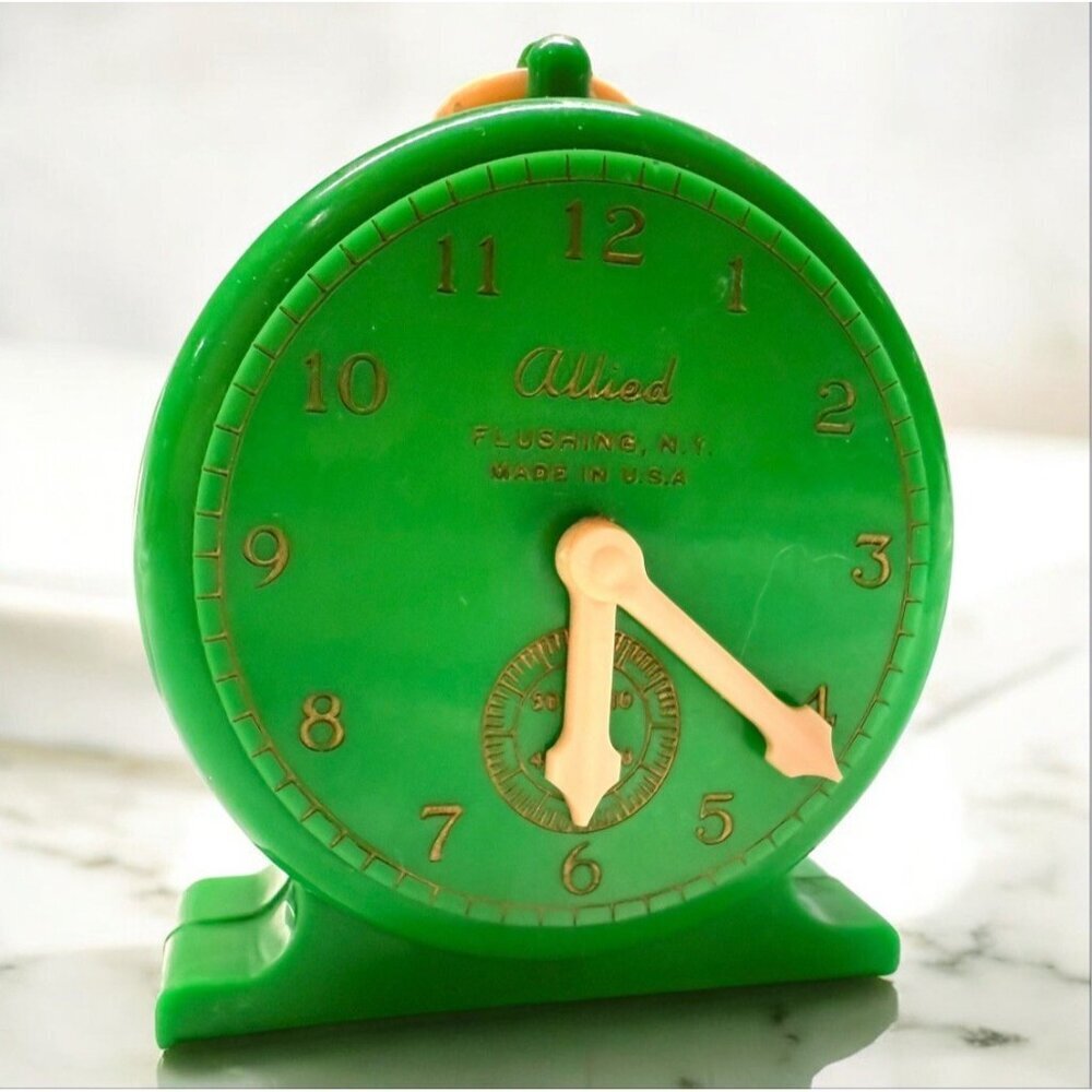Allied Green Plastic Clock Bank Vintage USA 3.5 Inch